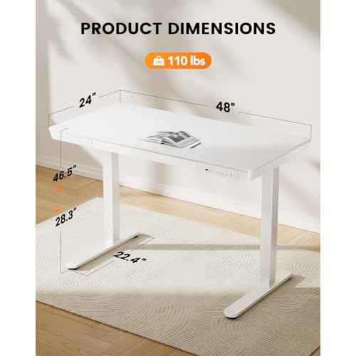 ErGear Electric Standing Desk with Drawers & USB Charging Ports, 48 x 24 Wood Height Adjustable Desk Whole Piece Home Office Computer Desk, White