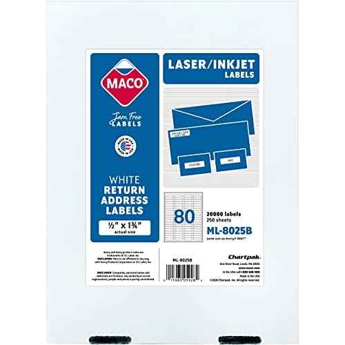 Printable Labels for Mailing - Laser/Ink Jet Compatible Shipping Address Return Labels, 80 per Sheet, 1/2 x 1-3/4", Box of 250 Pages/20000 Labels, White