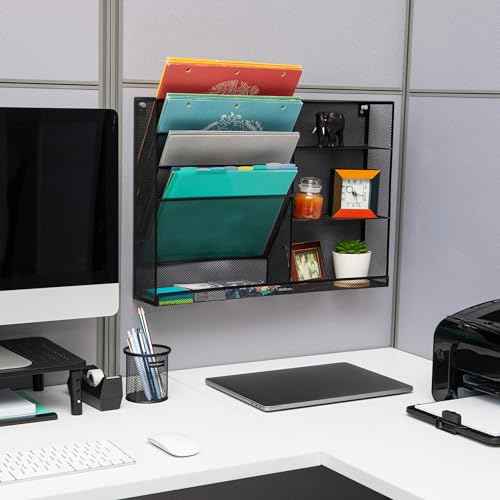 Mind Reader 4-Tier Vertical File Storage and Shelves, Desktop Organizer, Wall Mount, Office, Metal Mesh, 22.5" L x 4" W x 16" H, Black