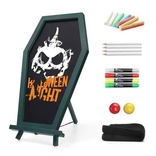 TOWON 17x10.5¡± Coffin Chalkboard Signs ? Gothic Tabletop Easel with Triple-Leg Stand, Magnetic Surface | Halloween Decorations, Spooky Gifts, Home & Boutiques, Restaurants Gothic Decor (Green)