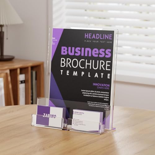 Acrylic Brochure Holder with Business Card Holder, 8.5"x 11", Clear Flyer Stands for Display, Ideal for Trade Show, Menu, Journals, Pamphlet, Magazine, Booklets, Literature (4-Pack Acrylic)