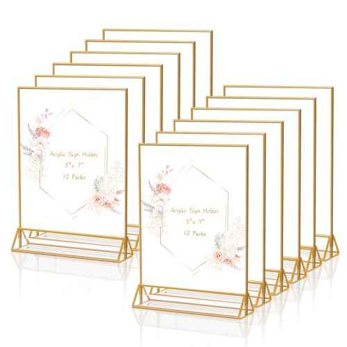 Gold Frames 5 x 7 Acrylic Sign Holder Double Sided Wedding Table Number Holder Clear Plastic Gold Picture Frames Flyer Holder for Table Menu Photo Display-12 Packs