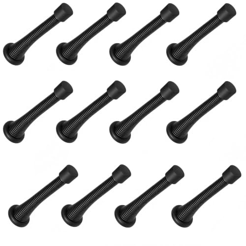 Spring Door Stopper Matt Black 12-Pack – Heavy-Duty Wall Door Stop with Rubber Bumper