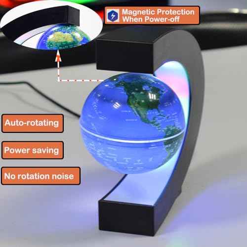 Magnetic Floating Globe 2 in 1 Blue 4in Constellations Globe World Map C Shape Base LED Light Lamp Rotating