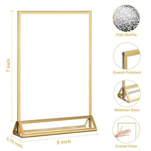 EHWINE 12 Pack Acrylic Sign Holder 5 x 7, Double Sided Gold Picture Frame Stand up Table Top Sign Holders, Clear Display Stand Menu Flyer Holder for Wedding Party (Provide Non-slip Mats)