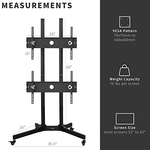 VIVO Mobile Dual Screen TV Cart with Laptop Shelf, Fits 32-65 inch 70 lb TVs