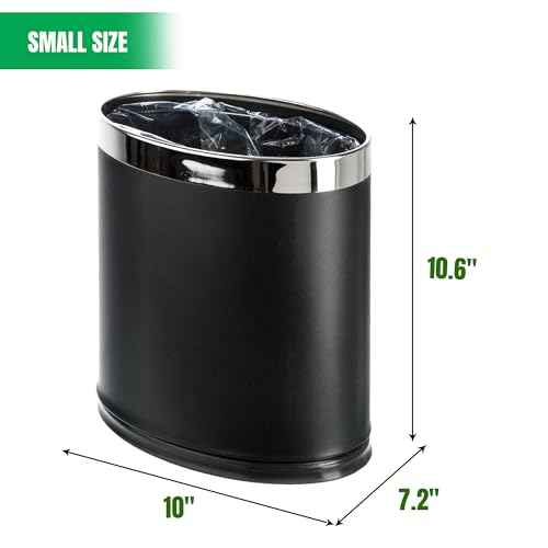 Invisi-Overlap' Metal Trash Can, Open Top Small Office Wastebasket, Oval Shape (Black)