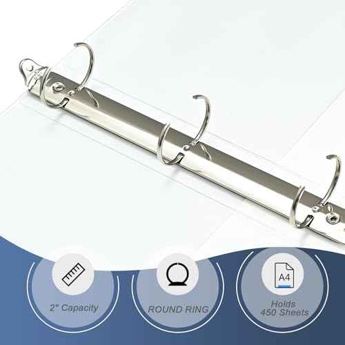 2-inch 3 Ring Binder with 2 Interior Pockets, Heavy Duty 2" Round Ring Binder Holds 450 Sheets of US Letter Size 8.5'' x 11'' Paper for Office/Home/School (White,6-Pack)