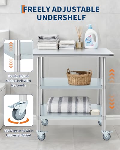 Garvee 24x30x34 inch Stainless Steel Work Table with Casters & 2 Shelves (Variation: Table With Casters&2 Shelves / 24x30inch)