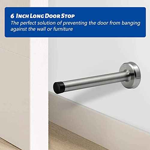 Brushed Nickel Doorstops (10 Pack) - 6 Inch Extra Long Metal Door Stoppers, Wall Mounted Baseboard Door Stop Bumper, Silver