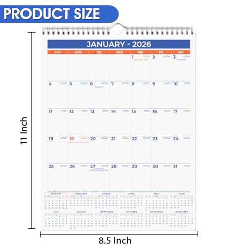 2026 Wall Calendar - January 2026 - December 2026, 12 Monthly Hanging Calendar, 2026 Planner, A4 Size 8.5" x 11", Spiral Binding, Holidays, Julian Dates, Large Blocks, Twin-Wire Binding, Hanging Hook, (1 Pack)