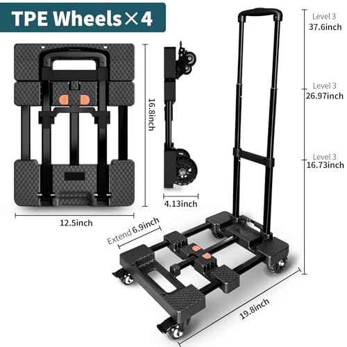 Folding Hand Truck,VDHU Heavy Duty Luggage Cart 550lbs Load-Bearing with 4 Wheels& Brakes &Extendable Base Plate,Dolly Cart with Solid Construction for Travel,Moving,Shopping,Office Use,Black