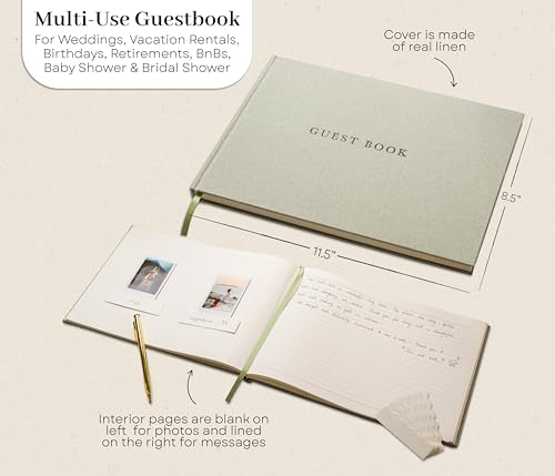 Real Linen Guest Book Set (Leaf) 11.5 x 8.5 with Embossed Cover, Sign Pen, 30 Photo Pockets, 120 Pages