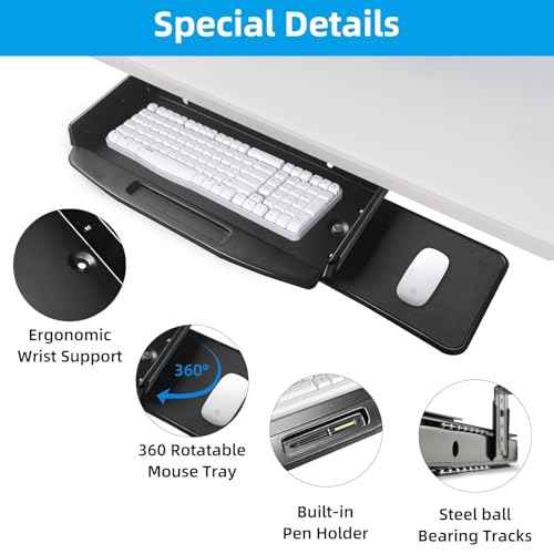 Solid Steel Under Desk Keyboard Tray Slide Out with 360¡Æ Rotating Mouse Platform,Keyboard Shelf Sliding,Under Desk Mounted Keyboard Holder,Under Desk Keyboard Drawer 28"Lx11"W