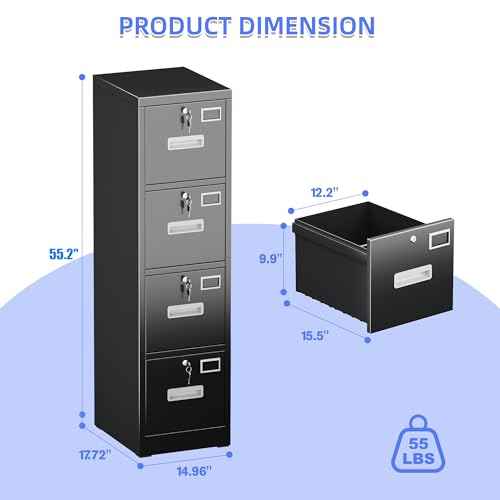 SUXXAN 4 Drawer File Cabinet, Metal Vertical Black Filing Cabinets with Locks Name Card Holder for Home Office, Assembly Required