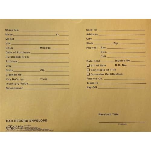 A Plus Car Record Envelope #19 Vehicle Dealer Jackets, 100 Quantity, Buff (W3)
