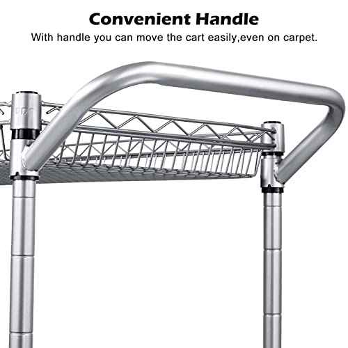 WDT 990Lbs Capacity Heavy Duty Rolling Utility Cart, NSF Rolling Carts with Wheels,Commercial Grade Metal Cart with Handle Bar & Shelf Liner,Trolley Serving Cart for Restaurant,Kitchen,Gray