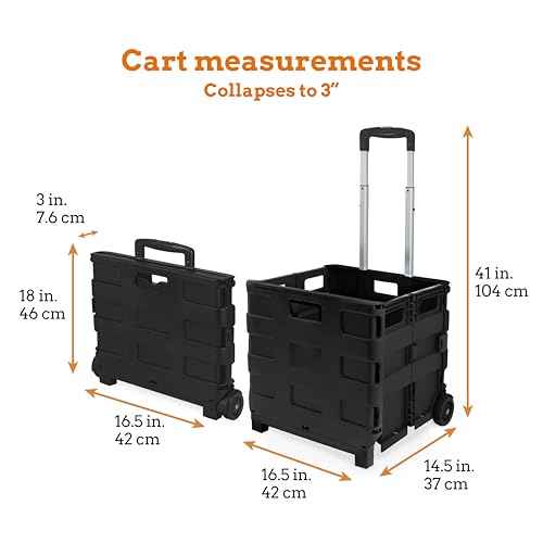 Inspired Living Collapsible Ultra-Slim Pack-N-Roll, 2 Wheel Utility Cart , With Telescopic Handle - Super Strong up to 80 Lbs Load Capacity, Black