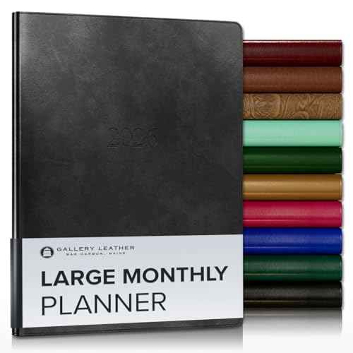 Gallery Leather Large Monthly Planner 2025-2026, Elegantly Bound Calendar Planner and Notebook with Stylish Gold-Gilded Page Edges, 18 Months - Acadia Black - 9.75x7.5"