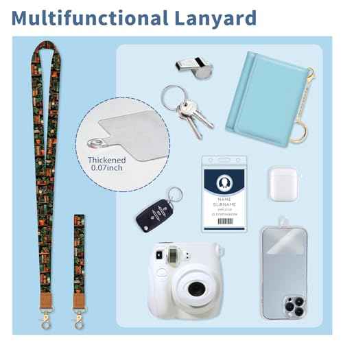 Lanyard Wallet with Id Badge Holder, Bookshelf RFID Small Keychain Wallet Women Wristlet, Cute Zipper Credit Card Holder Phone Wrist Neck Strap for Key Name Tag, Teacher Student Office Gifts