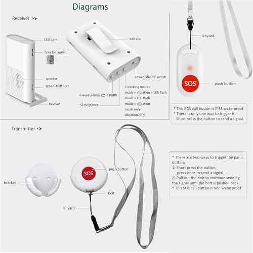 Wireless Caregiver Call Button, Rechargeable Caregiver Pager for Elderly, Call Bell for Elderly at Home,Medical Life Alert Systems for Seniors with Portable Receiver / Emergency Button with Pull Rope