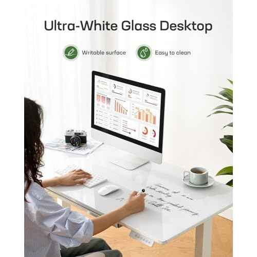Marsail Glass Standing Desk with Drawer 37 x 22 Inches Stand up Desk Standing Desk Adjustable Height with One-Piece Tempered Glass Top, Ergonomic Home Office Desk with 4 Preset Heights White