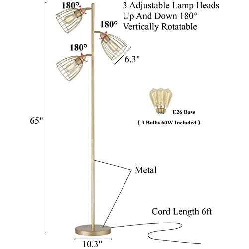 WOXXX Industrial Floor Lamp for Living Room Bright Lighting Tall Stand Up Lamp Farmhouse Rustic Modern Gold Tree Floor Lamps for Bedrooms, Office with Reading Light Standing Lamp 3 LED Bulbs Included