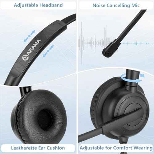 Arama Yealink Headset with Microphone Noise Cancelling, RJ9 Telephone Headsets for Office Phones Compatible with Yealink T20P T21P T26P T23G T46G T48G T42S T46S Avaya 1608 9608 9611 Grandstream Phones