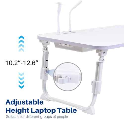 Laptop Desk for Bed, Height Adjustable Laptop Bed Table, Foldable Portable Lap Desk Stand with USB/Storage Drawer/Cup Holder/Slot, Breakfast Tray for Working Reading Writing Eating, White