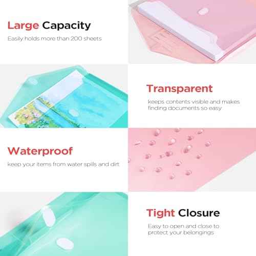 Sooez 10Pack Plastic Envelopes, Plastic File Folders, Clear Folders for Documents Trendy Colors, Super Heavyweight Document Holders, Storage Pouches, File Envelopes for School Office Supplies