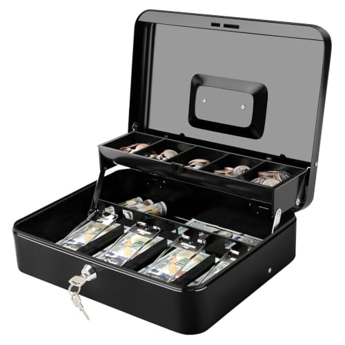 Jssmst Black Key Cash Box with Lock, 11.8-Inch Metal Money Storage for Garage & Yard Sales