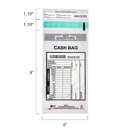 Tamper-Evident Clear Plastic Bank Deposit Bags, 5x9, Pack of 1000 | Write-On Panel, Tear-Off Receipt