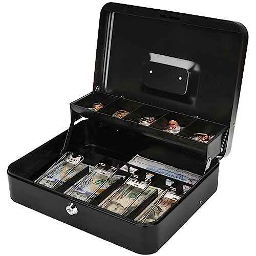 Jssmst Large Cash Box with Money Tray and Lock - Locking Safe Money Box for Small Business, 11.8L x 9.5W x 3.5H Inches, Black, SM-CB0501L
