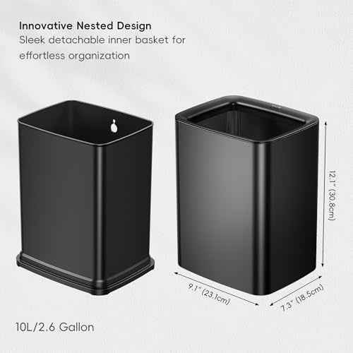 EKO Laguna 2.6 Gallon/10L Matte Black Stainless Steel Open Top Trash Can with Removable Inner Basket - Modern Bathroom & Office Waste Bin
