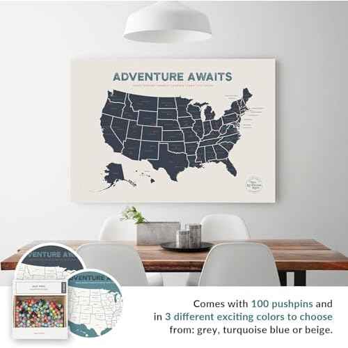 Epic Adventure Maps - USA State Travel Map Poster - Includes Push Pins + Magnetic Frame - Beige / 18 x 12 Inches