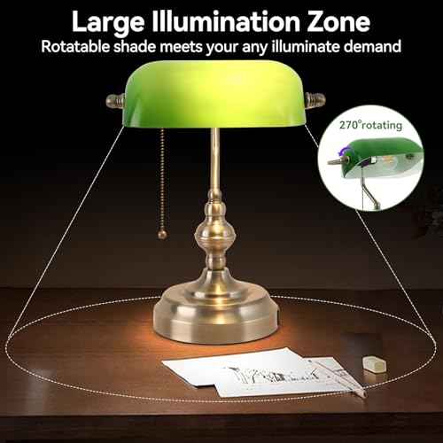 Green Glass Banker's Desk Lamp, Antique Banker Desk Lamps, Traditional Library Lamp with USB Charging Port, Vintage Desk Lamp Green Shade for Office Study Room, Pull Chain Switch