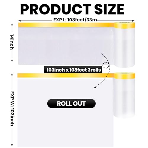 ADHES Pre Taped Masking Film with Adhesive Edge, 103 inch x 36 Yards x 3 Rolls No Residue Masking Tape for Painting, Automotive, and DIY Projects Tape and Drape for Floor Furniture Protection
