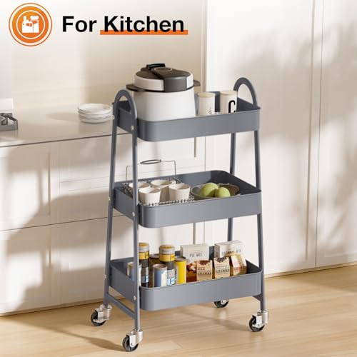 NEWBULIG Gray 3-Tier Metal Rolling Cart with Lockable Wheels, Heavy Duty Utility Shelf