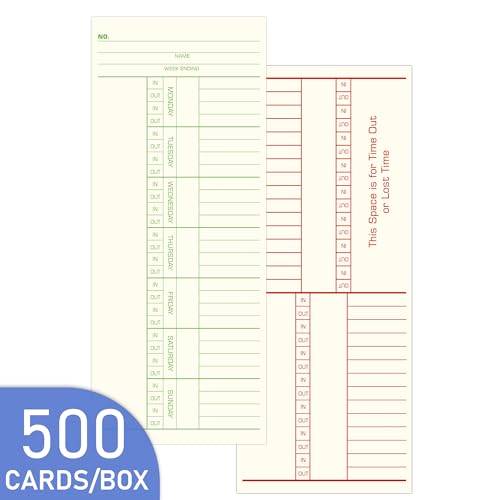 Weekly Time Cards 2-Sided,Named Days,3-3/8" x 8-1/4",Green/Red Print, 500-Count,Time Cards for Employees,Clock in Timecards