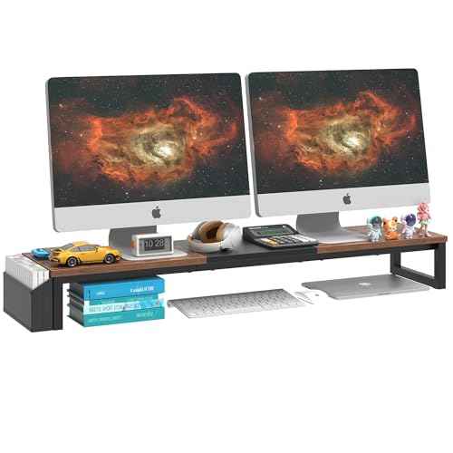 LAND¡¤VOI Dual Monitor Stand Riser,41.5'' Long Monitor Stand for 2 Monitors, Wood Computer Riser with Pocket, Desktop Oraganizer with Pen Holder, Monitor Riser for Desk Computer,Laptop,TV, Rustic Brown
