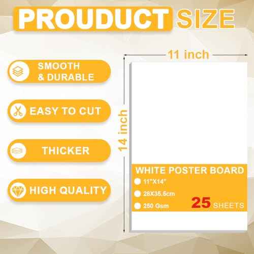 White Poster Board, 11"x14" White Poster Paper, 25 Sheets, Heavyweight Poster Boards, 250gsm, Blank Poster Board for Art Display, Classroom Use, Craft Project, Presentation, Thickness Vision Board