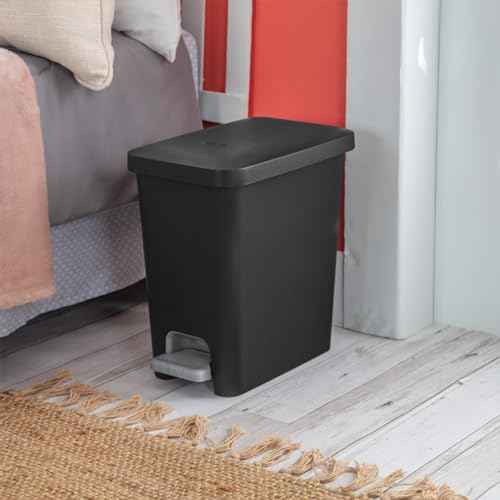 Sterilite 2.7 Gallon Rectangular StepOn Wastebasket with Lid, Small Plastic Trash Can for the Bathroom, Bedroom or Home Office, Pedal and Liner, Black, 2-Pack
