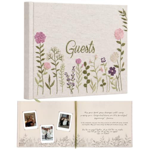 Upstart Decor Natural Linen Embroidered Photo Wedding Guest Book – Pink Floral Cover, 160 Pages