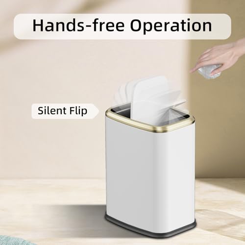 White Small Bathroom Trash Can with Lid, Swing-Top Waste Bin, 8L/2.1 Gallon Stainless Steel