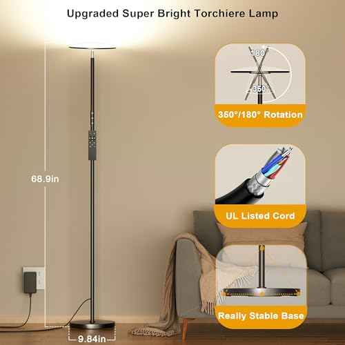 LED Floor Lamp, Bright 36W 3600LM Standing Lamp 350W Equivalent with Remote & Touch Control, Modern Torchiere Floor Lamp with 2700K-6500K Stepless Dimming, 69" Tall Lamp for Living Room Bedroom Office