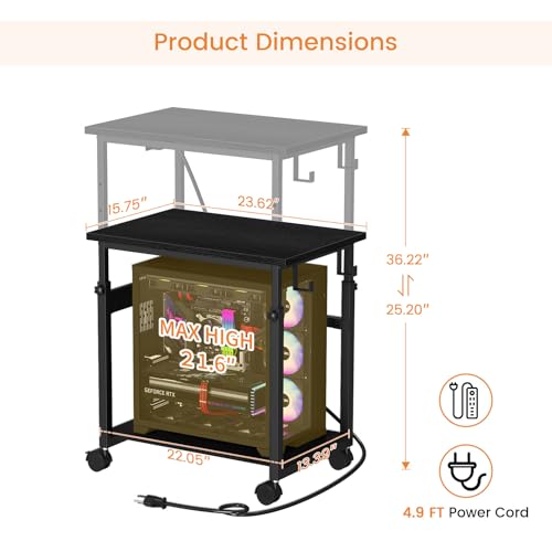 Snughome Extra-Large Adjustable Computer Tower Stand with Charging Station, 25.2–36.22 in, Mobile CPU Cart with Locking Wheels