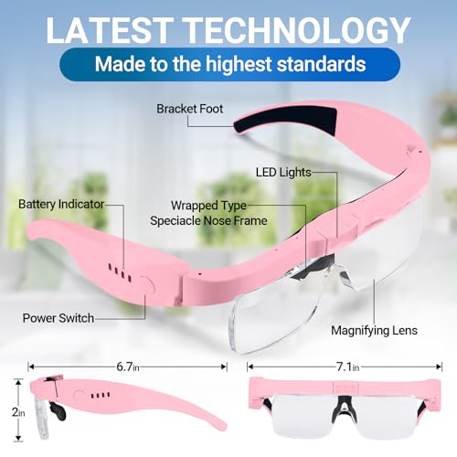 YOCTOSUN Pink Magnifying Glasses with Light, 0.75X-4.0X Headset, Rechargeable