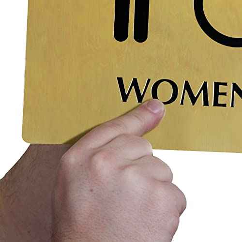 SmartSign 9 x 9 inch Womens Restroom Sign with Women/Handicap Accessible Wheelchair Pictograms, 40 mil Brass Metal, Engraved, Door/Wall Mount Bathroom Sign, Gold and Black