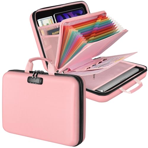 Fireproof Document Organizer with Lock, File Organizer Safe Box Fireproof Waterproof, Hard Shell Fire Proof Document Bag with 13 Pocket Accordion File Folders, Home Storage Office Organization