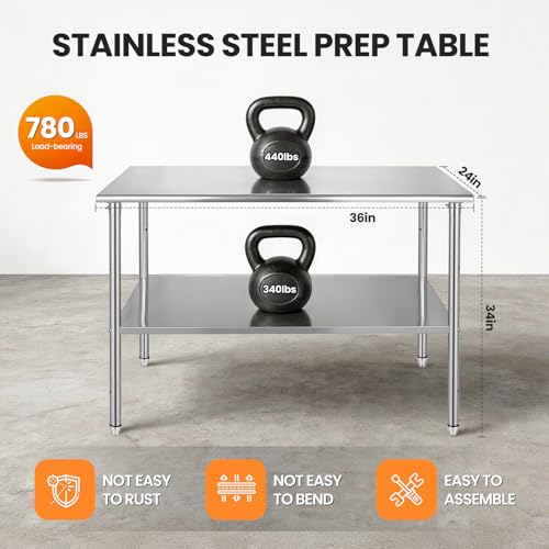 Kryonix 24x36 Stainless Steel Work Table with Adjustable Undershelf, NSF Heavy Duty Prep Table